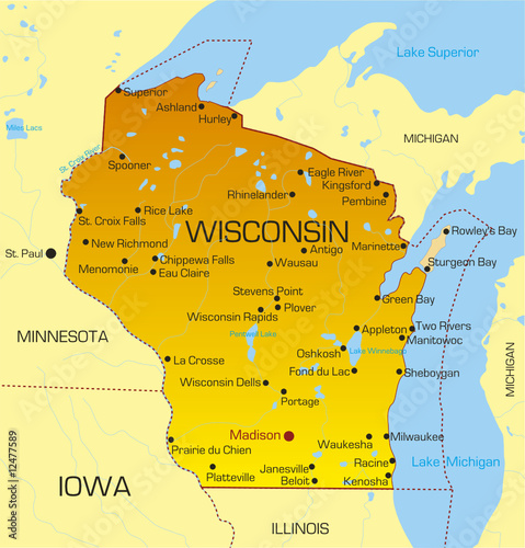 Vector color map of Wisconsin state. Usa
