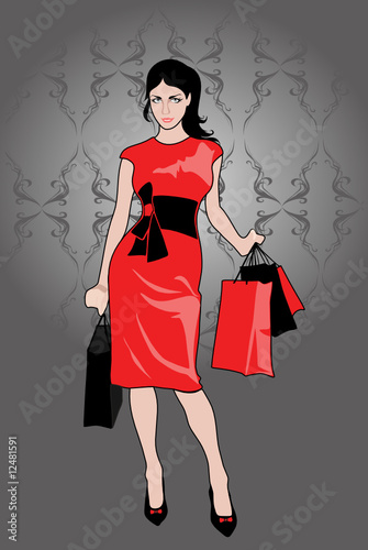 Lady in red with purchases