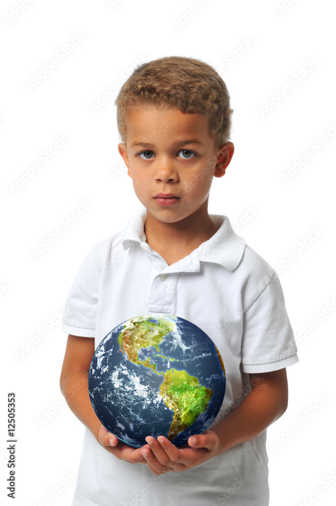 Boy holding the planet earth
