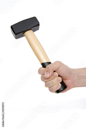 Holding a large hammer