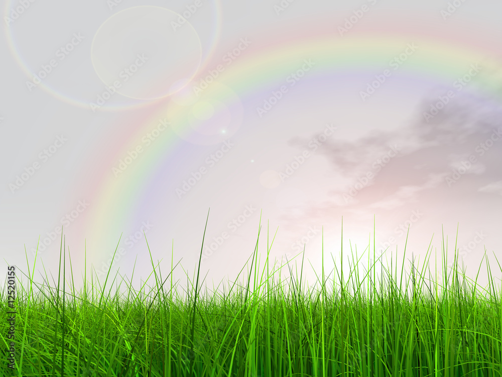 3D black soccer ball,green grass,sky ,clouds and rainbow 3D black soccer ball,green grass,sky ,clouds and rainbow
