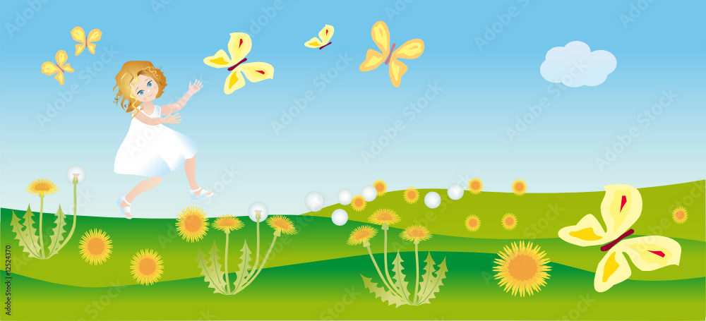 A little girl in white clothes hurries after a butterfly A little girl in white clothes hurries after a butterfly