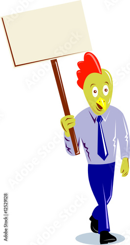 Chicken carrying a placard