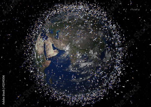 Space trash and sattelites around earth photo