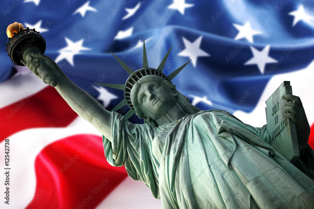 Fototapeta premium NY Statue of Liberty against a flag of USA