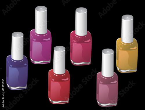 Six nail polish bottles on a black bacground