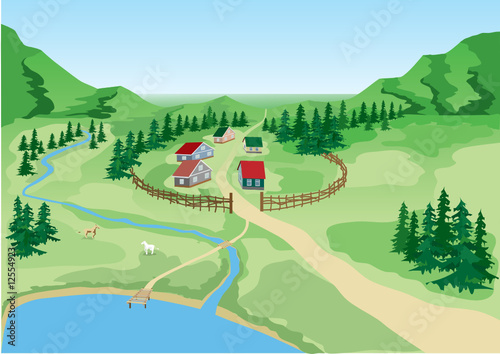 Little the country at the foot of mountains. Vector.