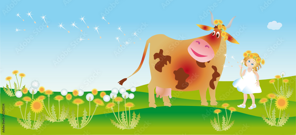 a girl and cow met on to the meadow