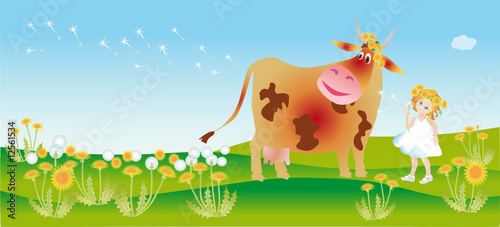 a girl and cow met on to the meadow