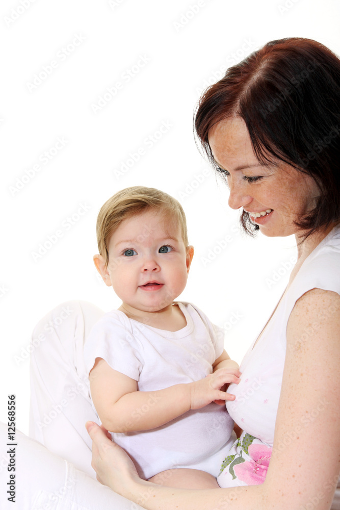 Picture of happy mother with baby over white Picture of happy mother with baby over white