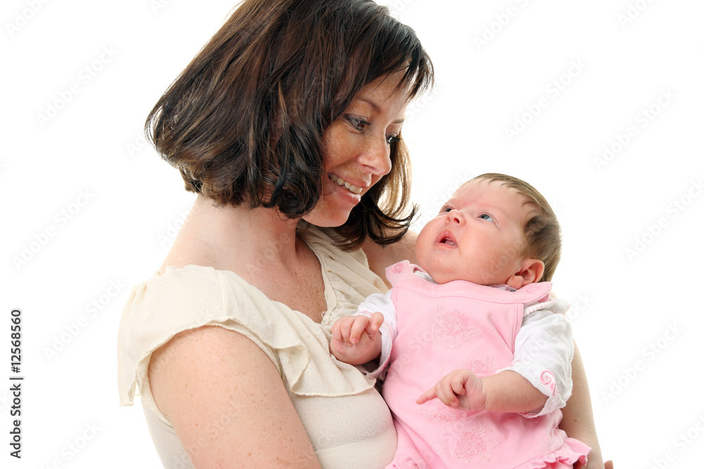 Picture of happy mother with baby over white Picture of happy mother with baby over white