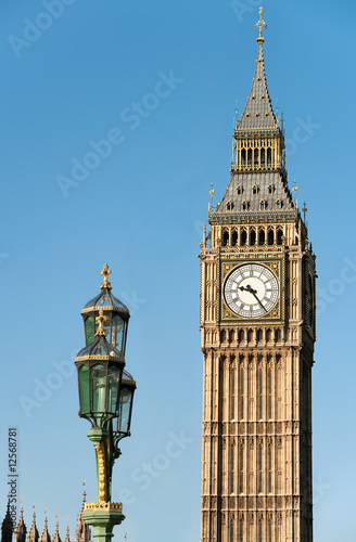 Big Ben, London, with Westminster Bridge lamps