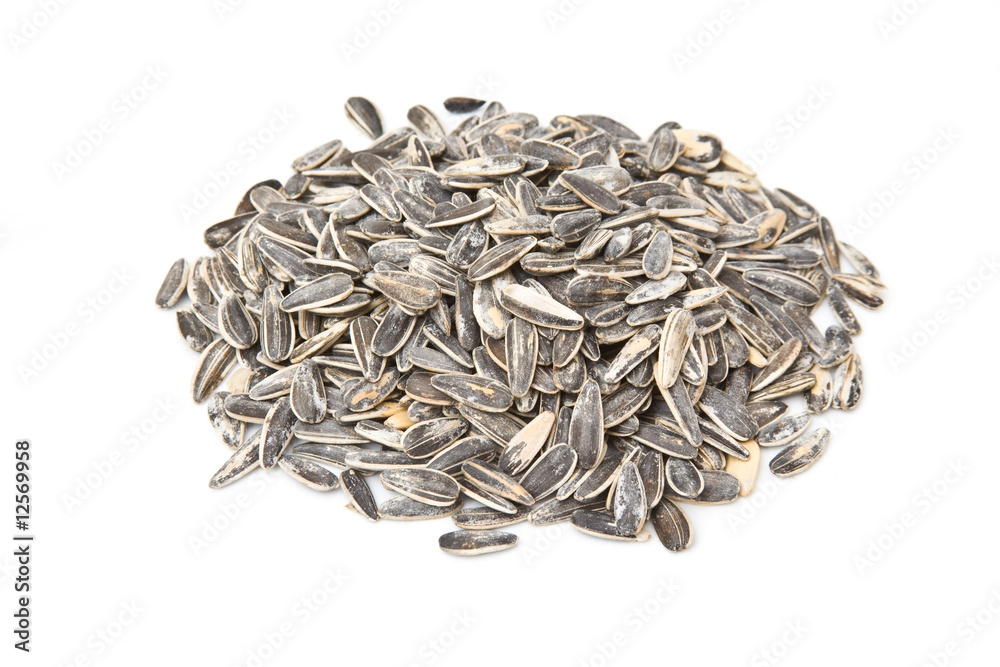 Sunflower seeds isolated on a white studio background.