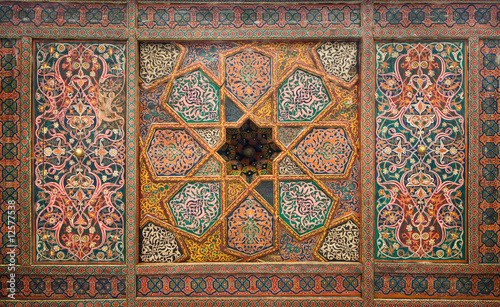 Wooden ceiling, oriental ornaments from Khiva, Uzbekistan