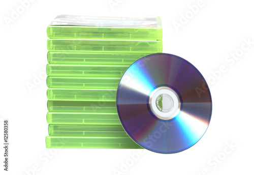 Stack of dvd's and cd's over a white background
