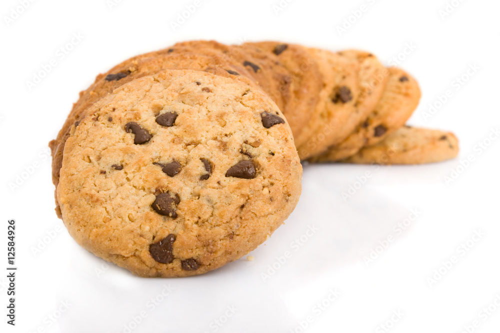 Pile of chocolate chip cookies isolated on white background. Pile of chocolate chip cookies isolated on white background.