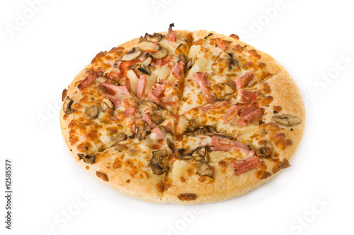 Pizza with mushrooms, ham and pineapple isolated on white .