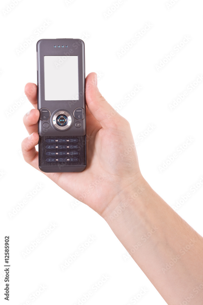 Hand holding mobile phone isolated on white Hand holding mobile phone isolated on white