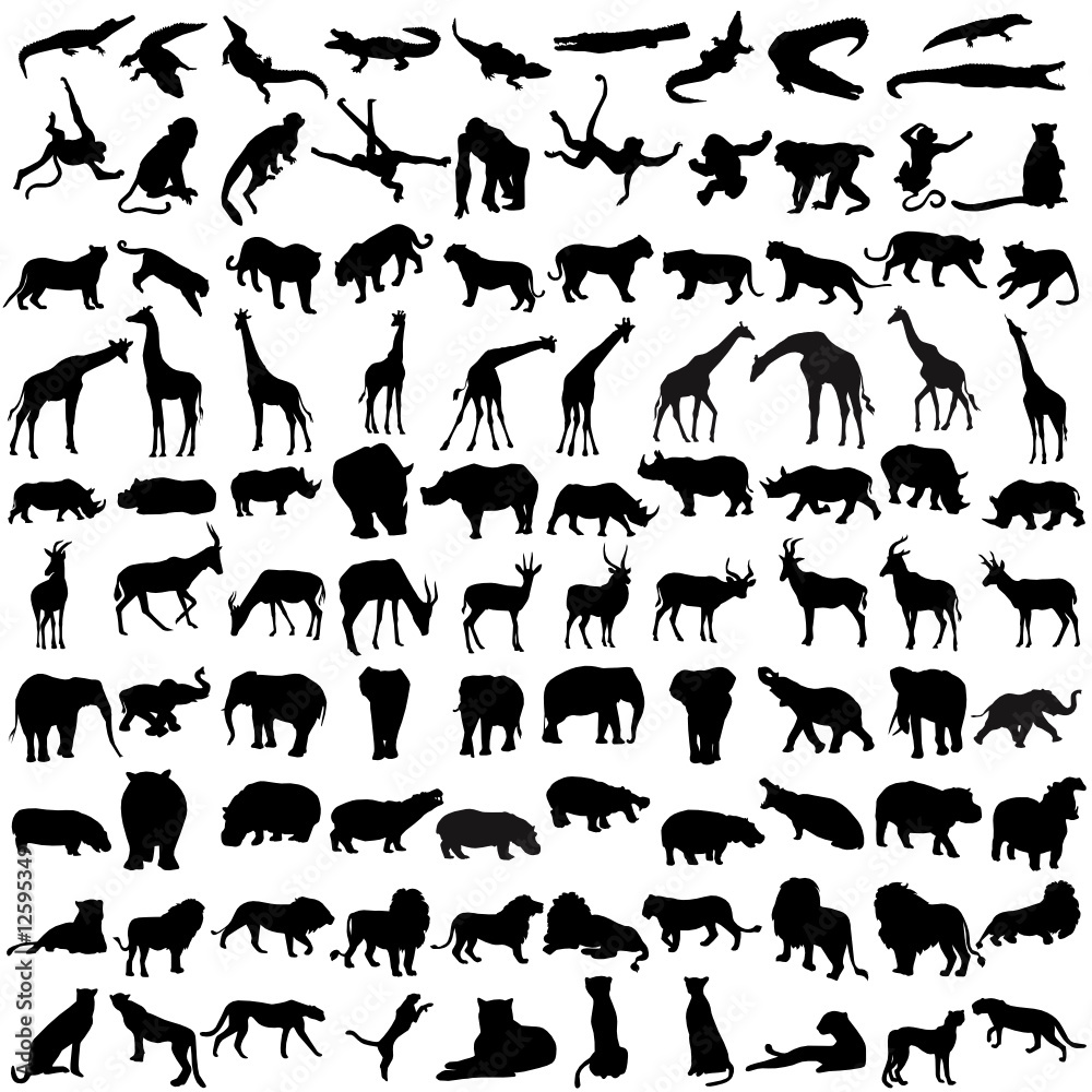 Hundred silhouettes of wild animals from Africa