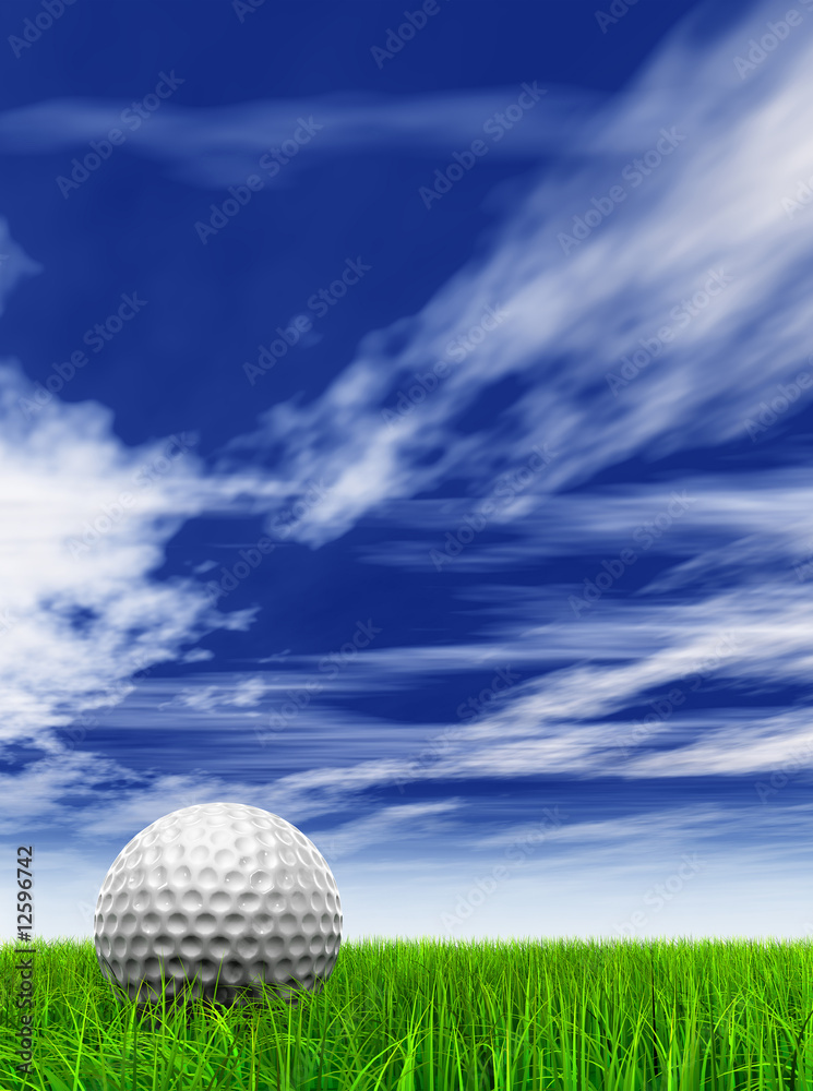 conceptual 3D golf ball on green grass over a blue sky conceptual 3D golf ball on green grass over a blue sky