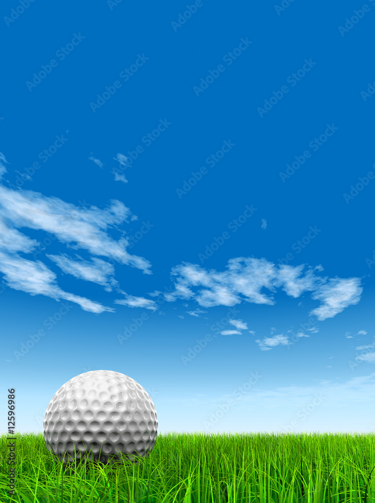 conceptual 3D golf ball on green grass over a blue sky conceptual 3D golf ball on green grass over a blue sky