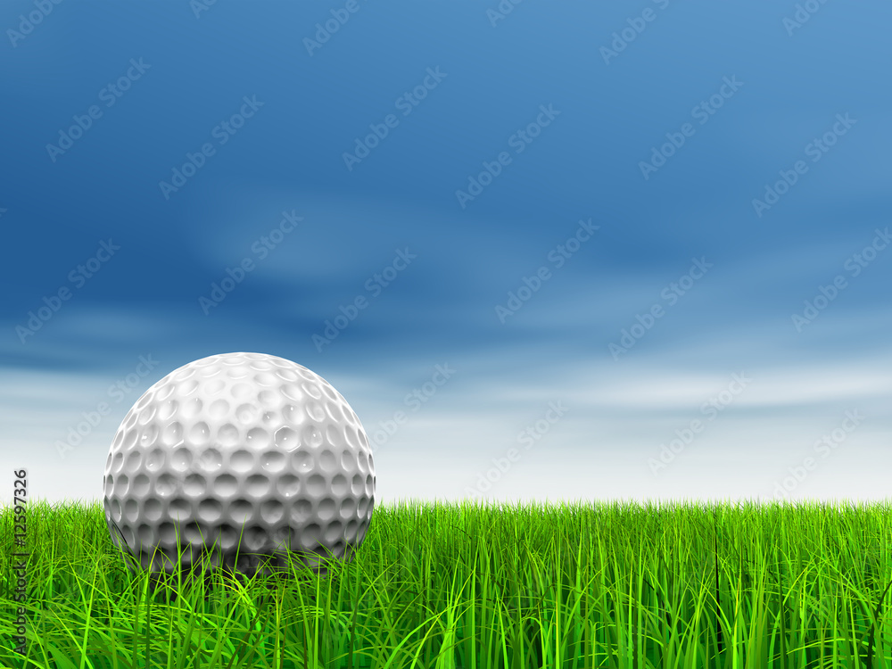 conceptual 3D golf ball on green grass over a blue sky conceptual 3D golf ball on green grass over a blue sky