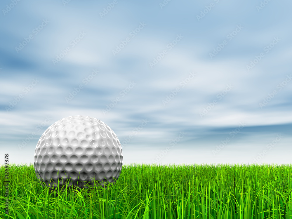 conceptual 3D golf ball on green grass over a blue sky conceptual 3D golf ball on green grass over a blue sky