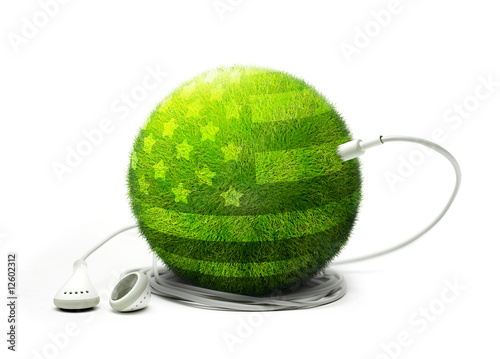 Green planet covered with USA flag listening to music