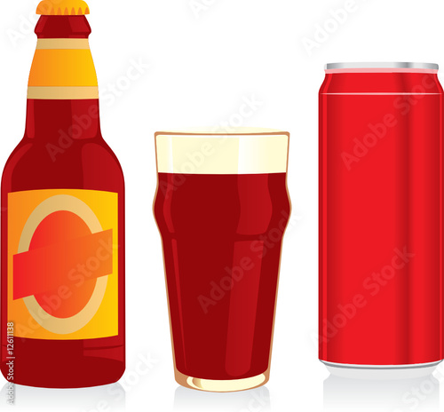 isolated red beer bottle, glass and can
