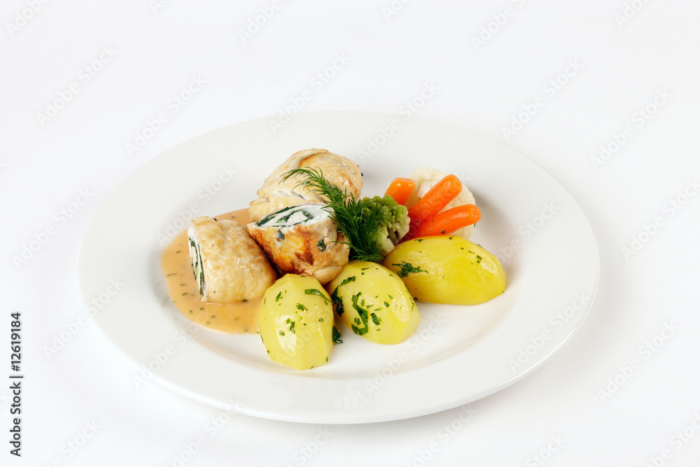 Schollenröllchen mit Mozzarella und Spinat gefüllt