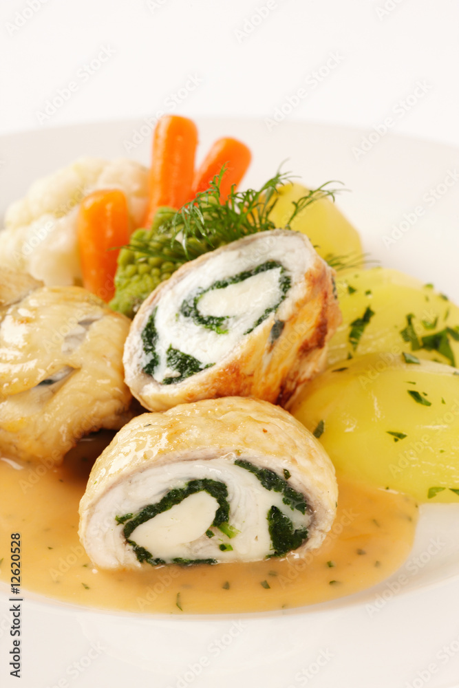 Schollenröllchen mit Mozzarella und Spinat gefüllt Schollenröllchen mit Mozzarella und Spinat gefüllt