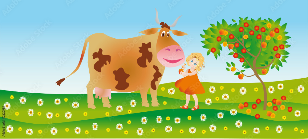 A girl helps to a cow the apple A girl helps to a cow the apple