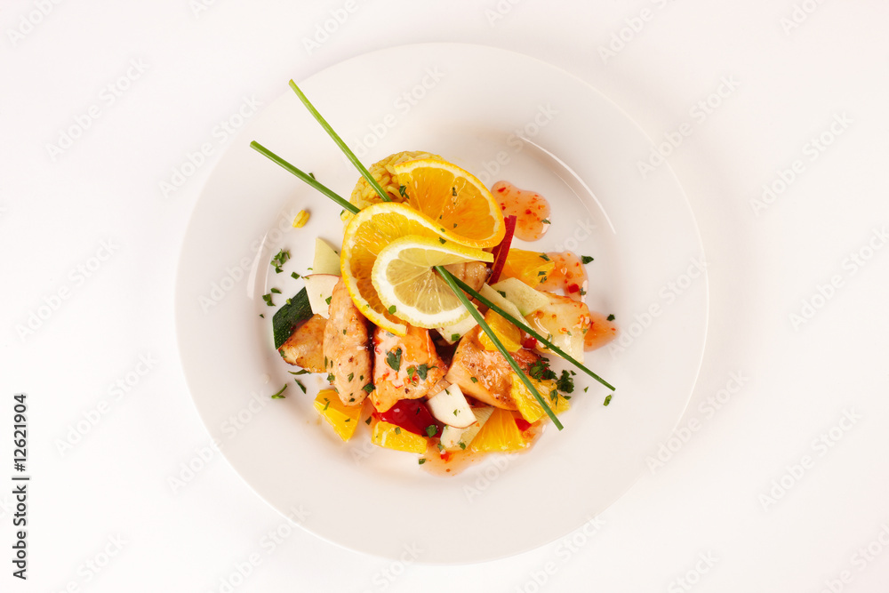 Südsee-Fischpfanne mit Früchten und Curryreis Südsee-Fischpfanne mit Früchten und Curryreis