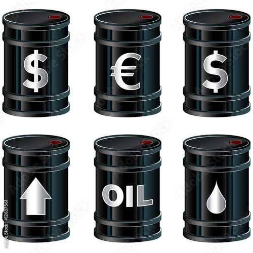 Vector set of oil barrels with currency symbols