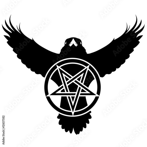 Vector raven or crow in grunge style with pentagram