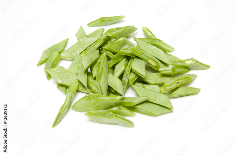 Sliced green beans on a white studio background. Sliced green beans on a white studio background.