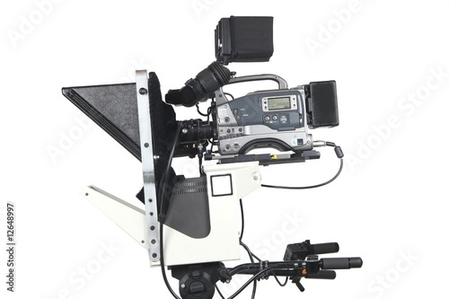 Professional video camera with teleprompter, isolated on white