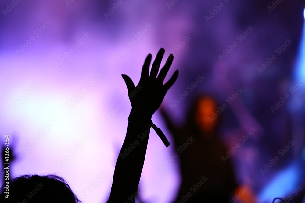 young woman throws hand in the air at a concert