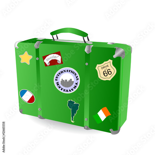 a retro suitcase with baggage stickers