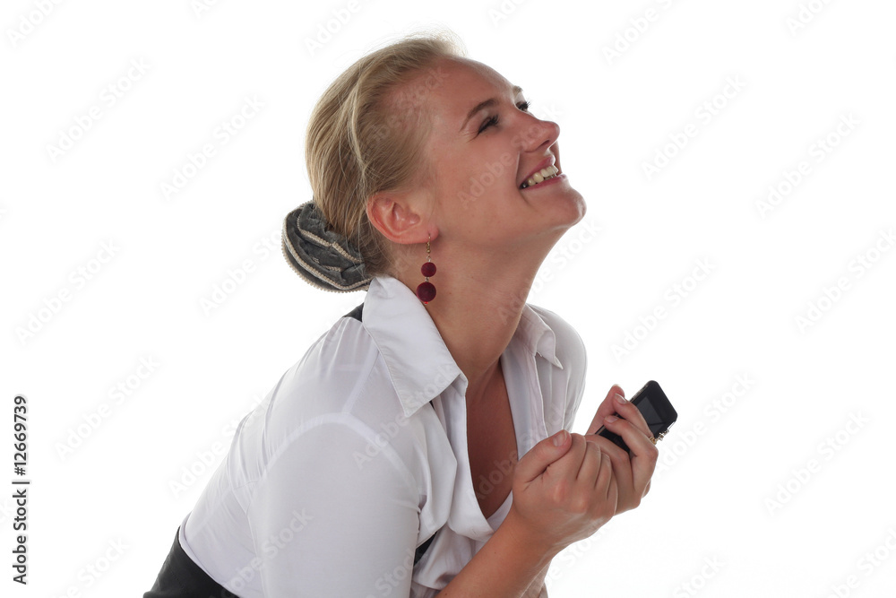 happy woman with mobile phone isolated on white background happy woman with mobile phone isolated on white background