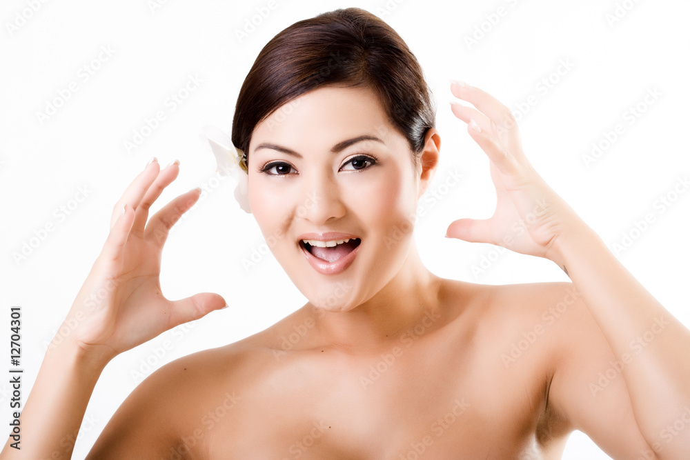 Attractive asian female showing surprised face Attractive asian female showing surprised face