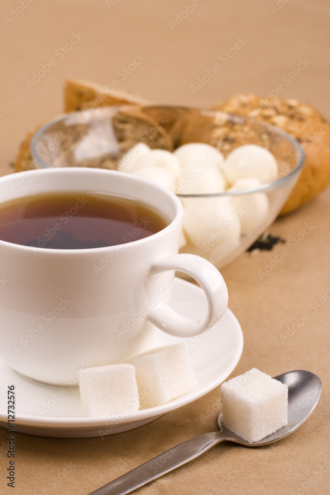 cup of tea, mozzarella and bread cup of tea, mozzarella and bread