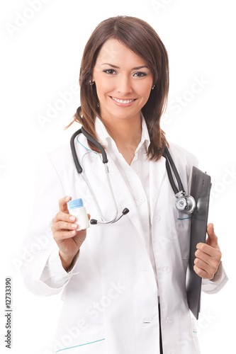 Happy doctor with medical drug  isolated on white