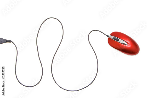 red computer mouse with the cable