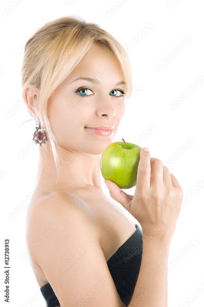 beautiful woman holding a green apple beautiful woman holding a green apple