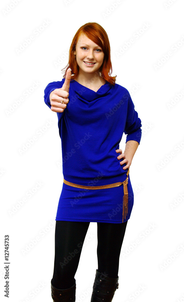 the joyful Girl shows a thumb the joyful Girl shows a thumb