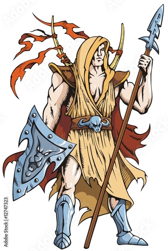 Warrior knight, with spear and shield, fantasy character, vector