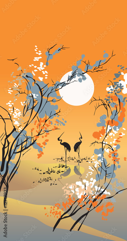 Fototapeta premium Four seasons: autumn, in Chinese traditional painting style