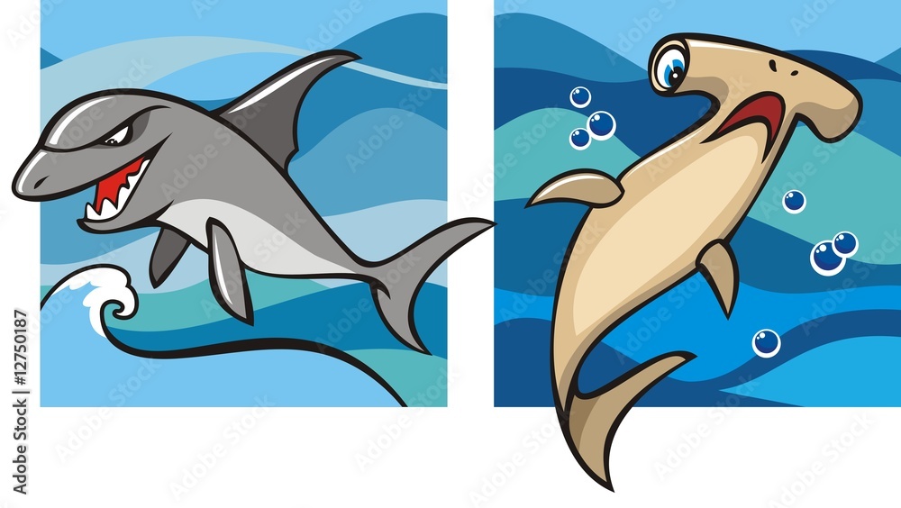 Obraz premium Marine life, gray shark and hammerhead shark, vector