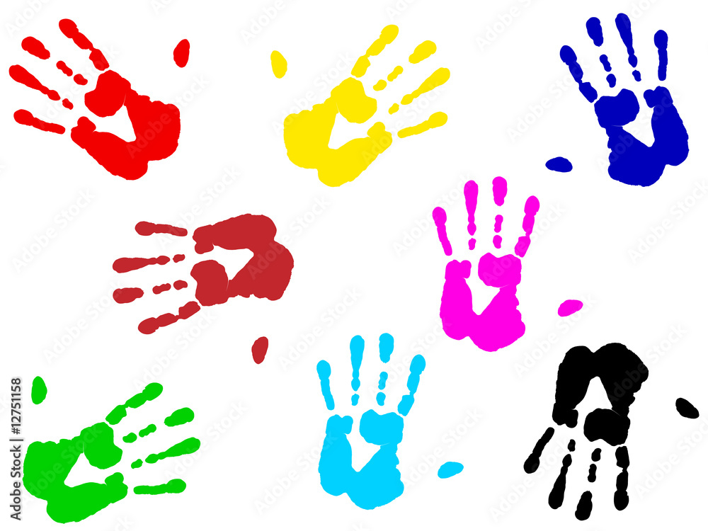 illustration of multicolored hand print over white illustration of multicolored hand print over white